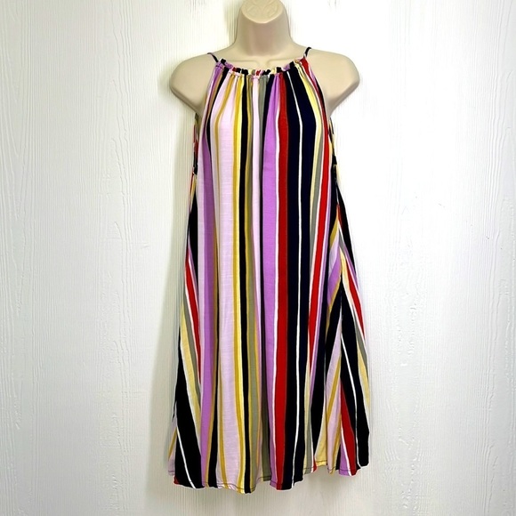 Loft - Striped Colorful Halter Sleeveless Pocket Swing Dress Size Medium - Picture 1 of 11